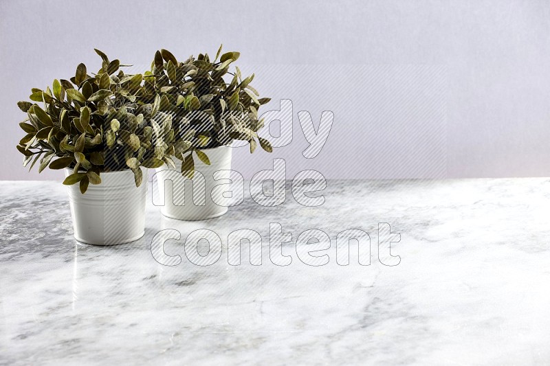 Two Artificial Plants in White Pot on Light Grey Marble Background 45 degree angle