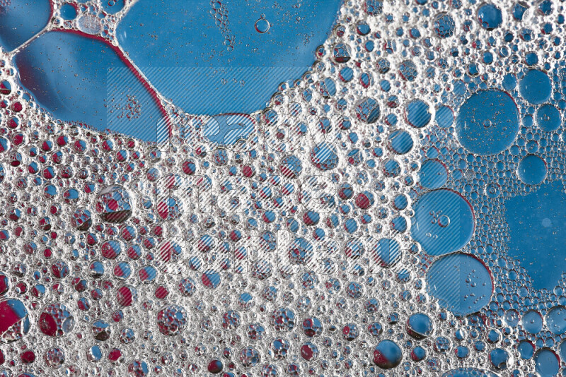 Close-ups of abstract soap bubbles and water droplets on pink and blue background