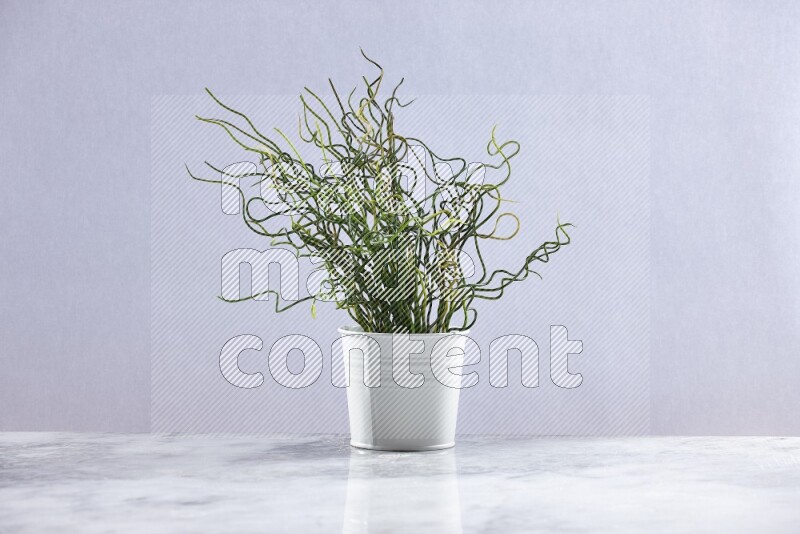 Green artificial plant in white pot on grey marble background