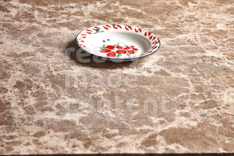 Vintage Metal Plate on Beige Marble Flooring, 45 degrees