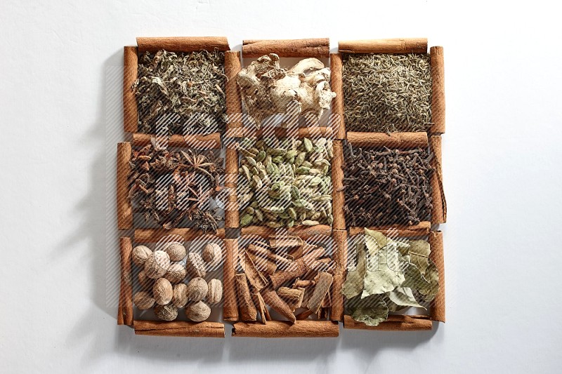 9 squares of cinnamon sticks full of cardamom in the middle surrounded by nutmeg, cinnamon, bay laurel, cloves, cumin, ginger, basil and star anise on white flooring