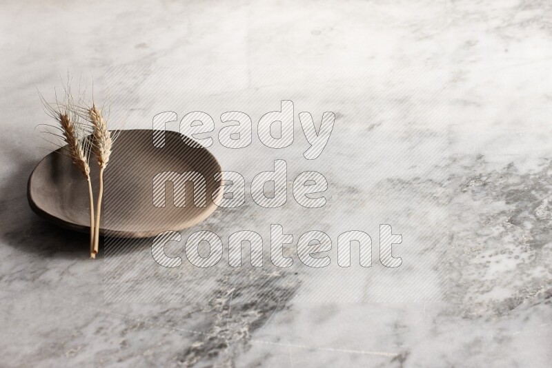 Wheat stalks on multicolored pottery plate on grey marble background