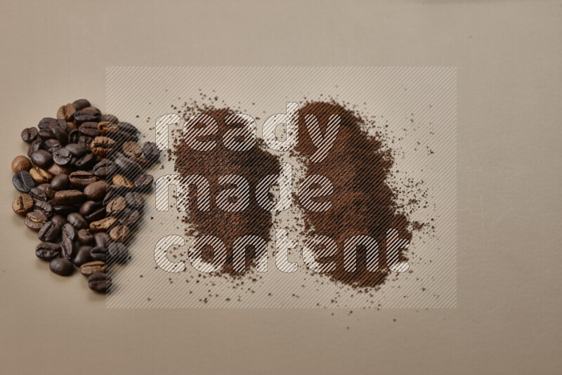 Assorted kinds of coffee such as roasted beans and ground on beige background