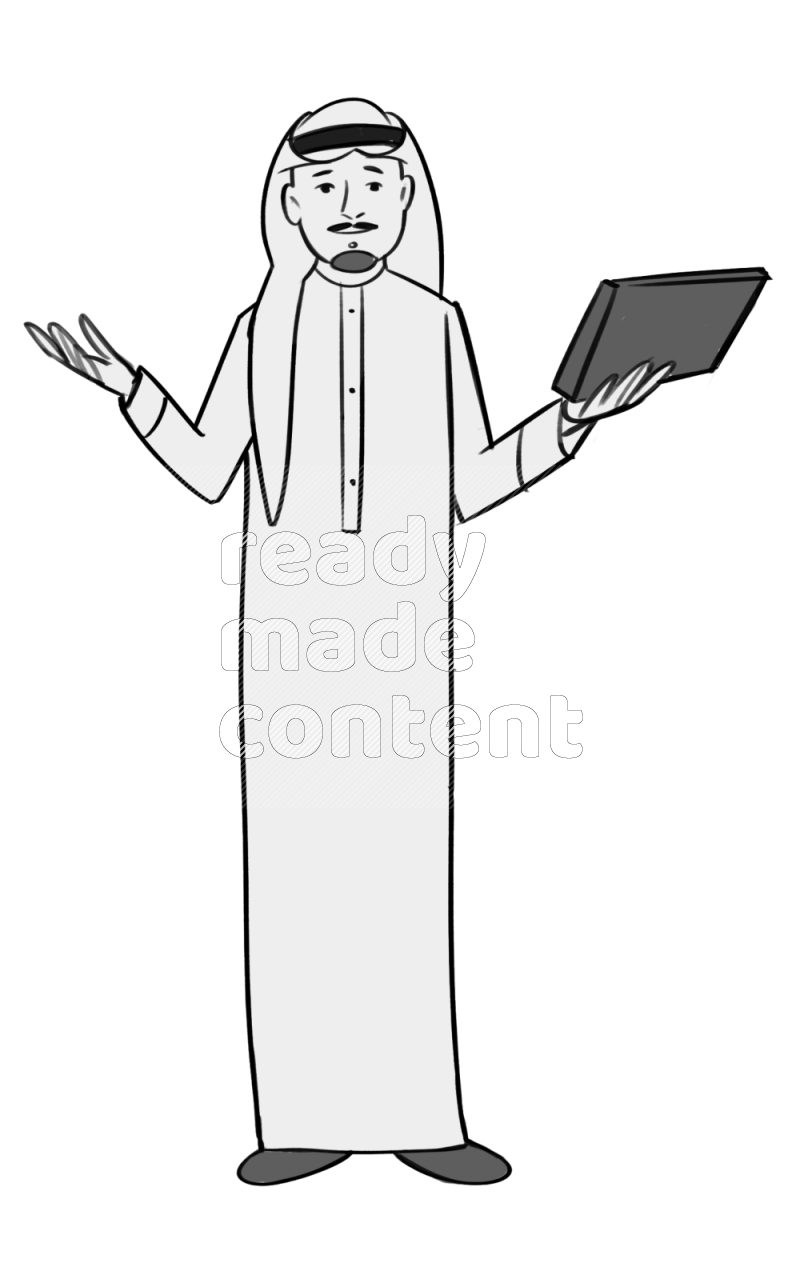 Saudi man holding a book standing different angles eye level
