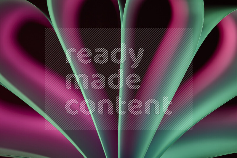 An abstract art piece displaying smooth curves in pink and green gradients created by colored light