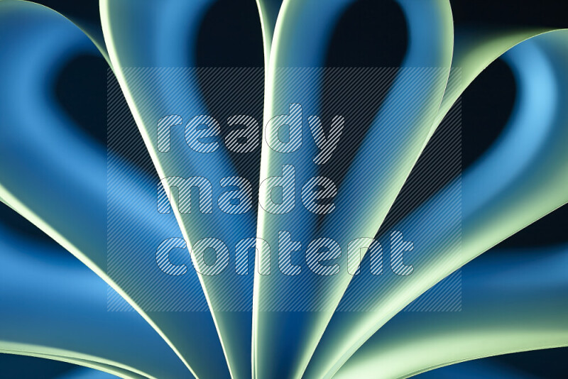 An abstract art piece displaying smooth curves in blue and green gradients created by colored light