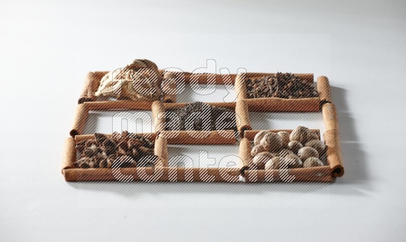 9 مربعات من أعواد القرفة ممتلئة بالشاي في المنتصف محاطة بجوزة الطيب والنعناع المجفف والقرنفل والريحان المجفف والزنجبيل المجفف والقرفة واليانسون والهيل على أرضية بيضاء