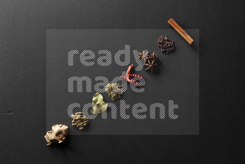 Cinnamon, cloves, star anise, chilis, cumin, laurel leaves bay, cardamom and ginger lined on a black background