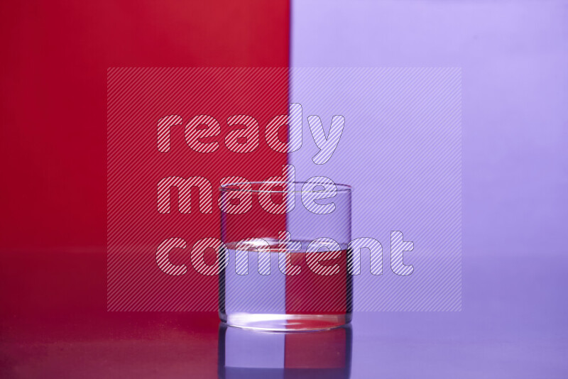 The image features a clear glassware filled with water, set against red and light purple background