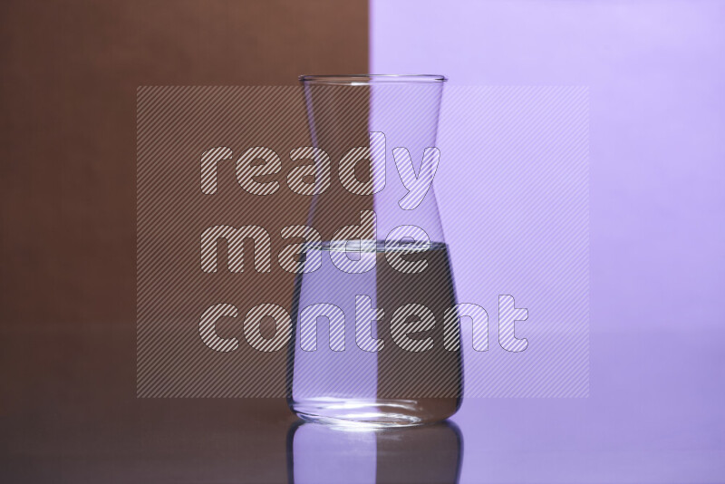 The image features a clear glassware filled with water, set against brown and light purple background