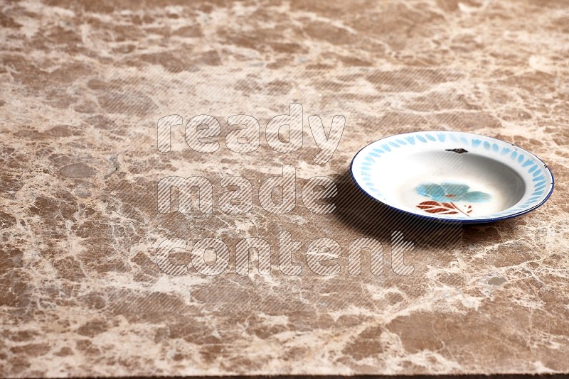 Vintage Metal Plate on Beige Marble Flooring, 45 degrees