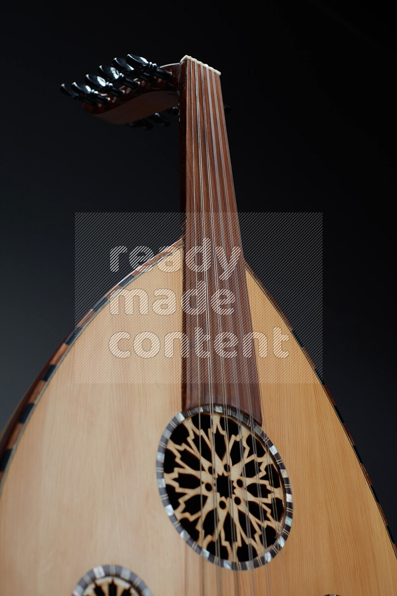 parts of a brown wooden Oud in a gray background