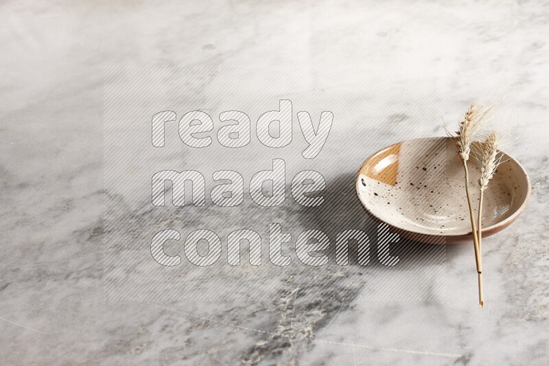 Wheat stalks on multicolored pottery plate on grey marble background