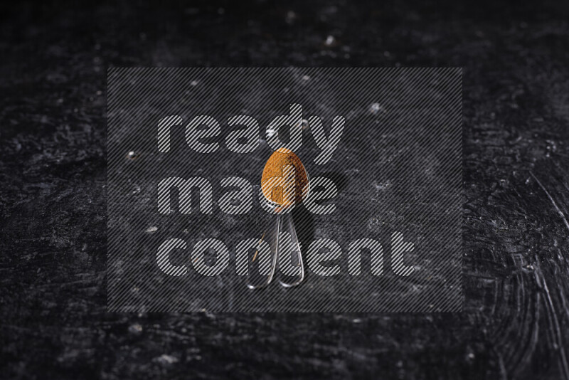 ملعقتان معدنيتان كلاهما ممتلئ ببودرة البابريكا علي خلفية سوداء