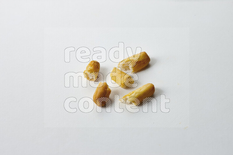 Assorted snacks on white background