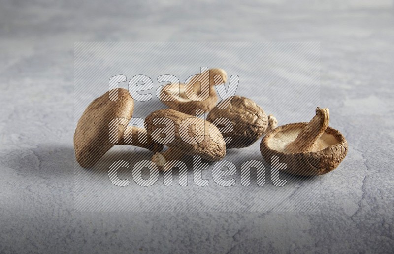 45 degre shiitake mushrooms on a textured light blue  background