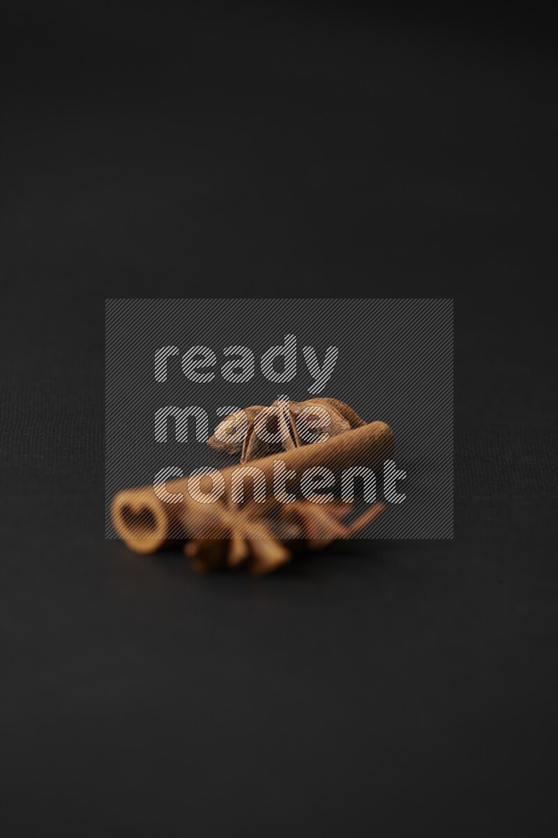 Star Anise herb and a cinnamon stick on a black background