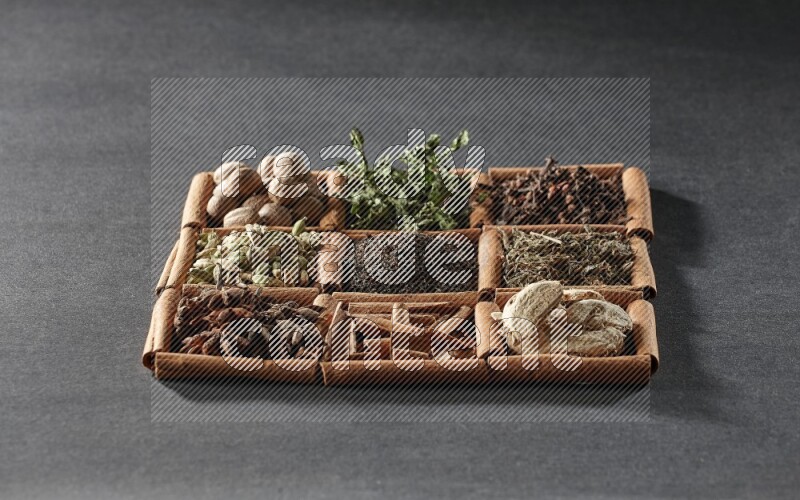 9 squares of cinnamon sticks full of tea in the middle surrounded by nutmeg, dried mint, cloves, dried basil, dried ginger, cinnamon, star anise and cardamom on black flooring