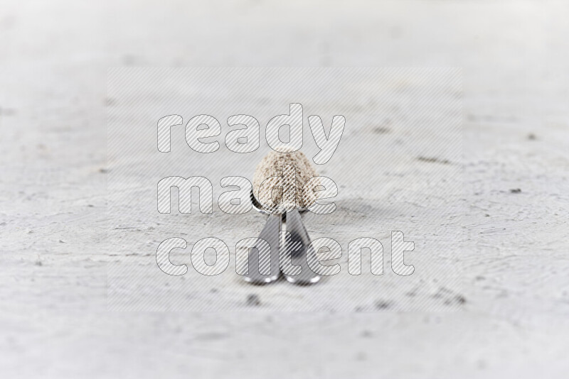 ملعقتان معدنيتان أحدهما ممتلئة ببودرة البصل علي خلفية بيضاء