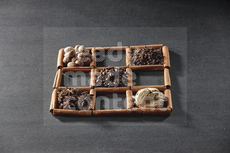 9 squares of cinnamon sticks full of coffee beans in the middle surrounded by nutmeg, dried mint, cloves, dried basil, dried ginger, cinnamon, star anise and cardamom on black flooring