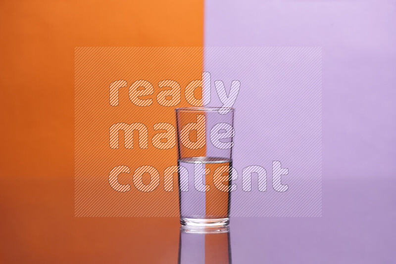 The image features a clear glassware filled with water, set against orange and light purple background