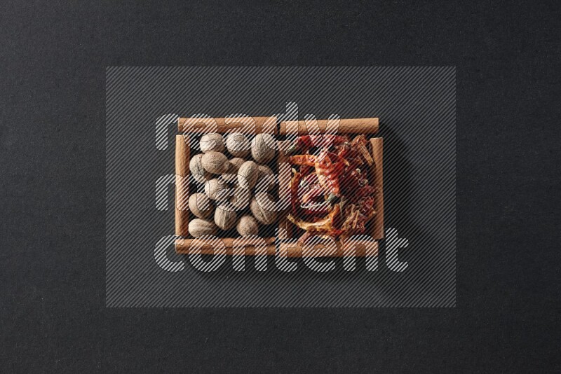 مربعان من أعواد القرفة ممتلئان بجوزة الطيب والفلفل الحار المجفف علي خلفية سوداء