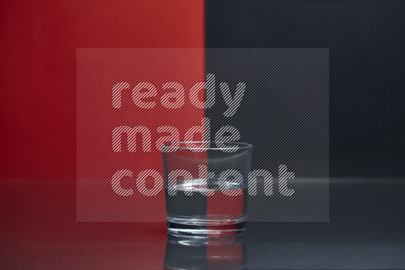 The image features a clear glassware filled with water, set against red and black background