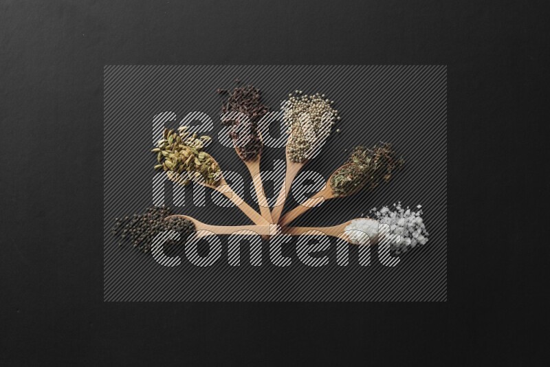 الفلفل الأبيض والقرنفل والهيل والملح والفلفل الأسود وريحان مجفف في معالق خشبية علي خلفية سوداء