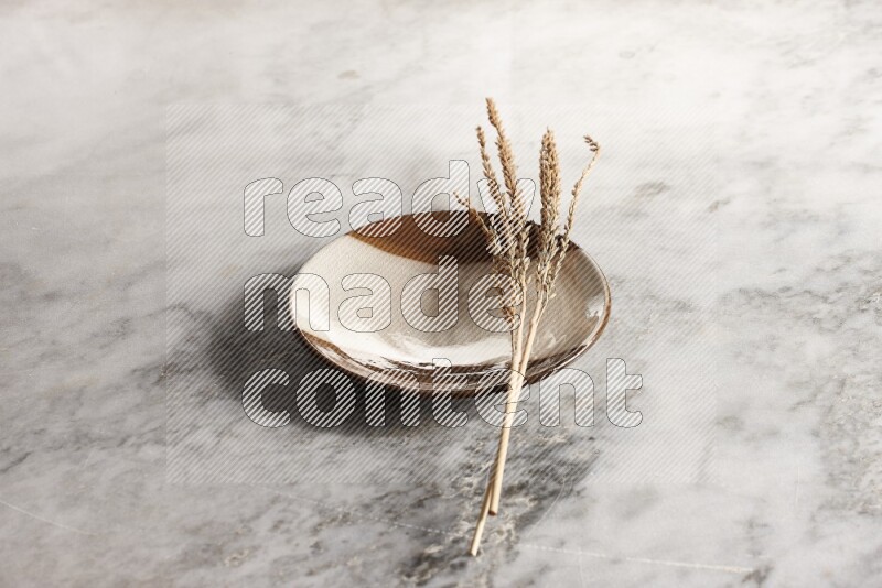Wheat stalks on multicolored pottery plate on grey marble background
