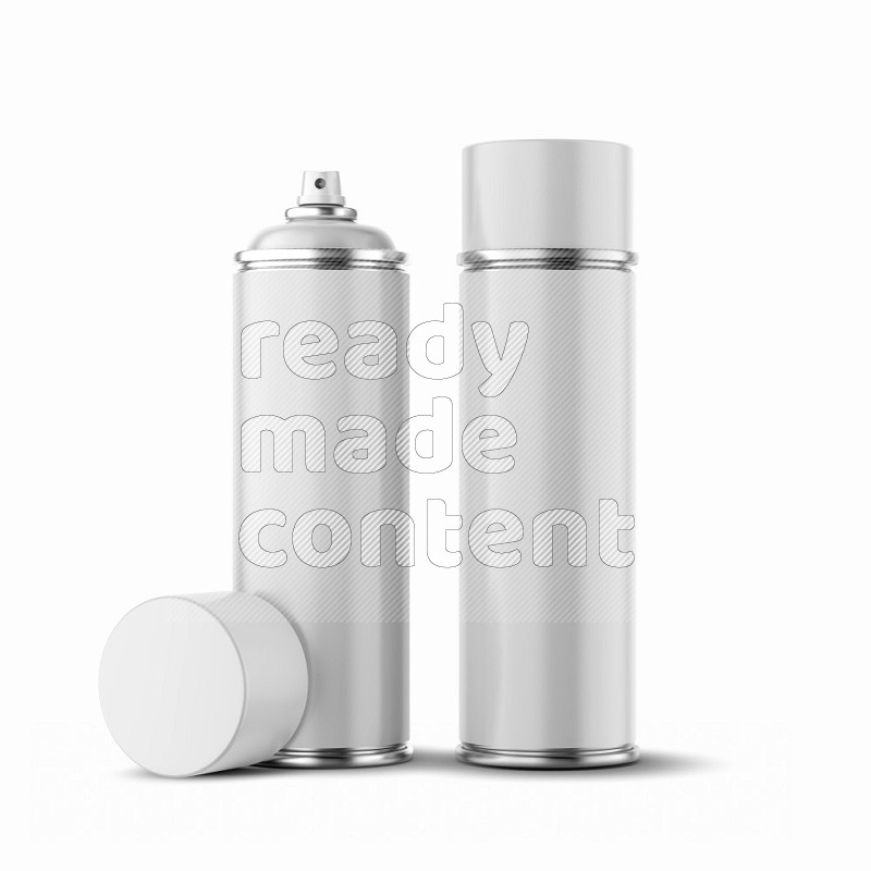 Metal spray bottle mockup with cap and label isolated on white background 3d rendering