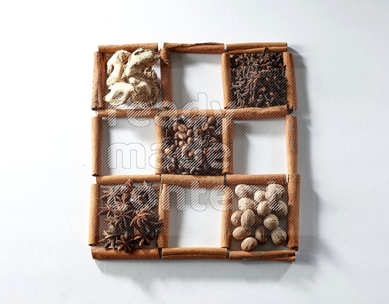 9 squares of cinnamon sticks full of coffee beans in the middle surrounded by dried mint, dried ginger, cardamom, star anise, cinnamon, nutmeg, dried basil and cloves on white flooring