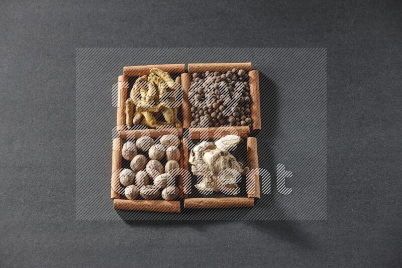 4 مربعات من عيدان القرفة ممتلئة بأصابع الكركم وبهار الفلفل الحلو والزنجبيل المجفف وجوزة الطيب على أرضية سوداء