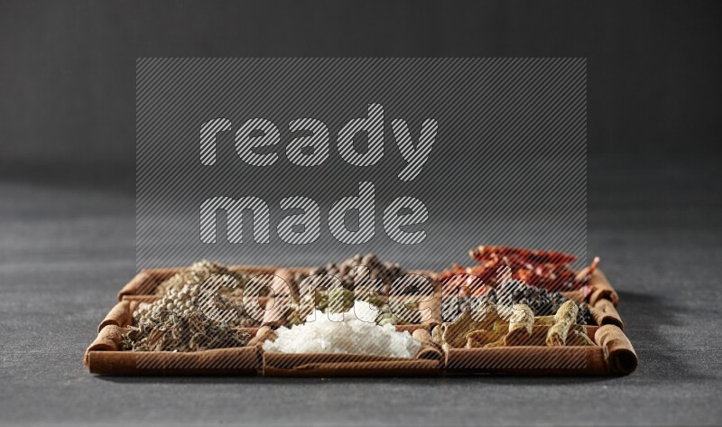 9 مربعات من أعواد القرفة ممتلئة بالهيل في المنتصف محاطة بأصابع الكركم والفلفل الأسود والفلفل الحار والبهار الحلو والكمون والفلفل الأبيض والريحان المجفف والملح على أرضية سوداء