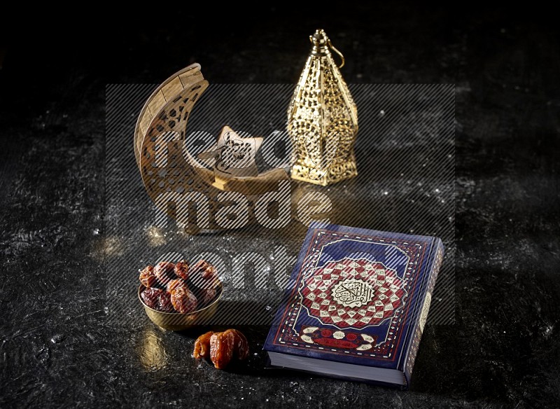 Dates in a metal bowl with quran beside golden lanterns in a dark setup