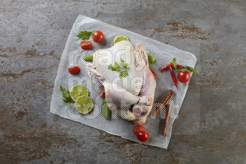 whole raw chicken on a parchment paper direct on a rustic grey background