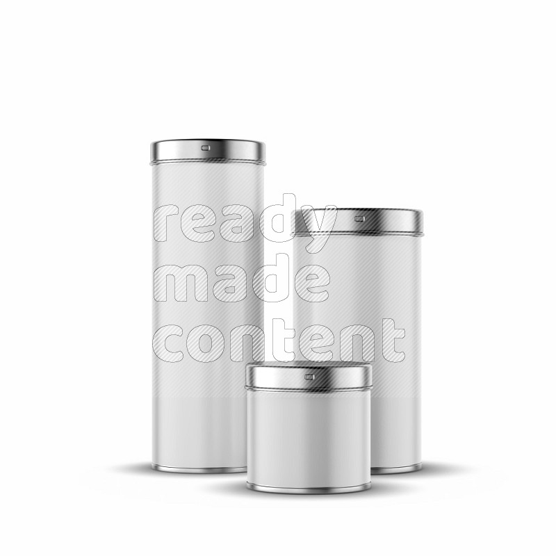 Glossy metal tin can mockup with silver metal lid and label isolated on white background 3d rendering