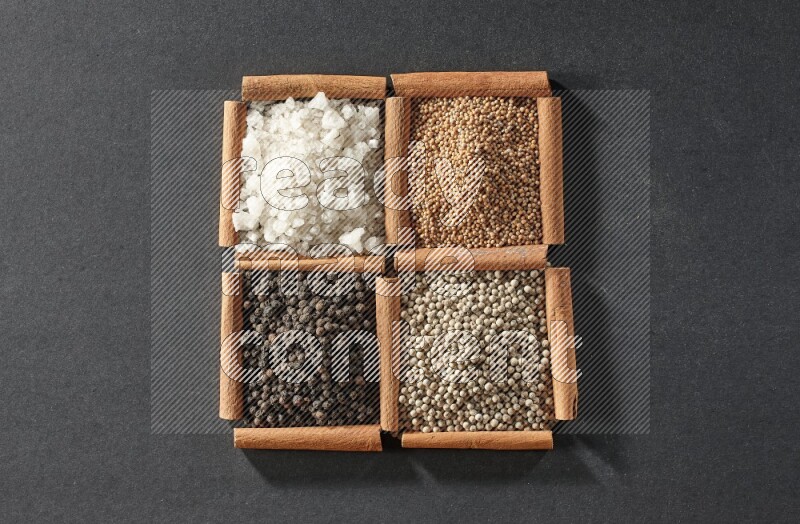 4 مربعات من عيدان القرفة ممتلئة بحبوب الفلفل الأسود والفلفل الأبيض والملح الأبيض وحبوب الخردل على أرضية سوداء