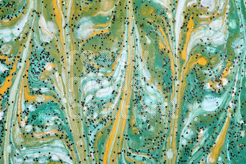 خلفية ملونة مع مزيج من ألوان الطلاء الأخضر والأبيض والذهبي مع بريق ذهبي متناثر