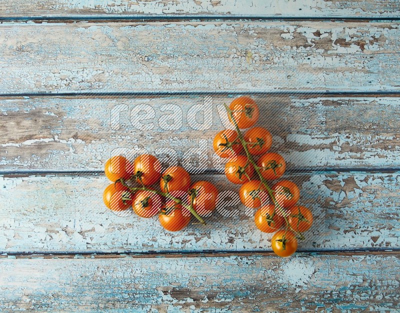Single cherry Tomato vein topview on a light blue wooden background