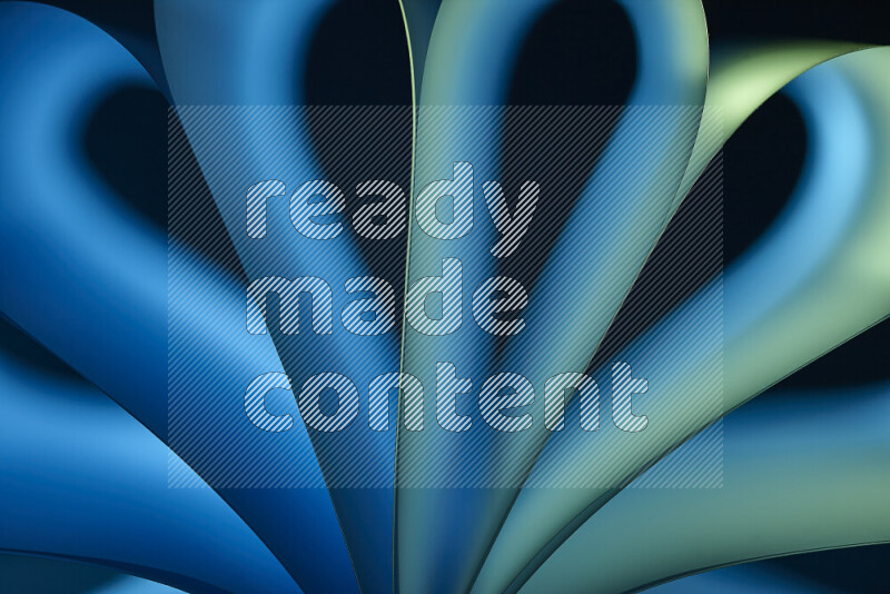 An abstract art piece displaying smooth curves in blue and green gradients created by colored light