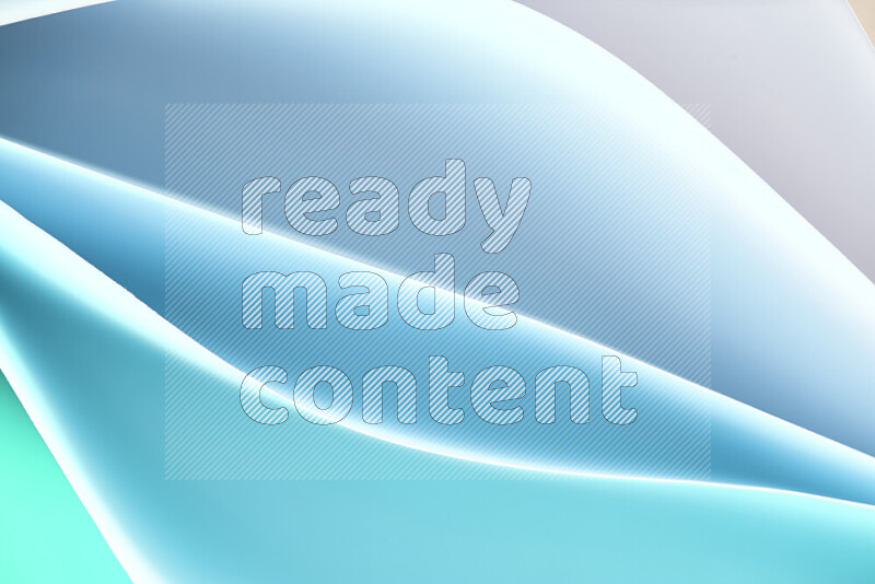 هذه الصورة تعرض تكوين فن الورق التجريدي مع منحنيات ورقية بتدرجات اللون الأزرق والأبيض المكونه بواسطة الضوء الملون