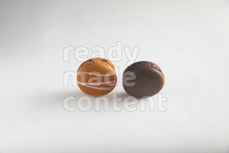 45º Shot of of two assorted Brown Irish Cream, and Brown Dark Chocolate macarons on white background