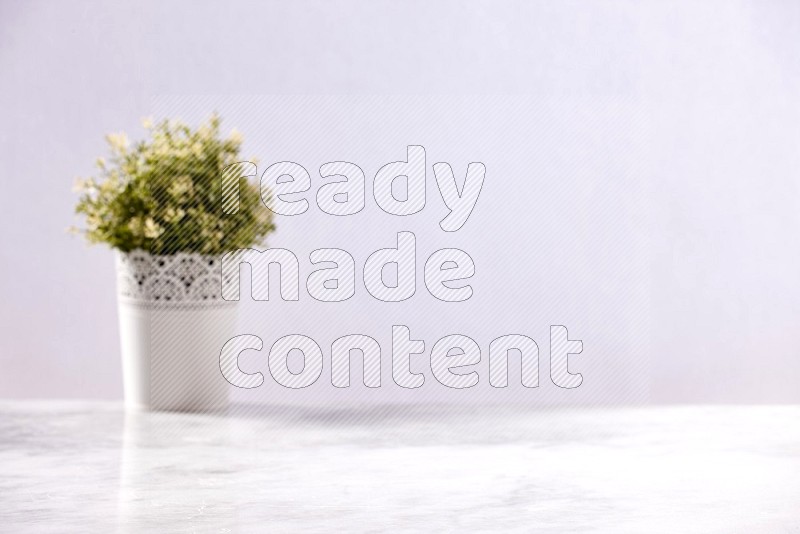 Artificial Plant in White decorative pot (out of focus background) on Light Grey Marble Flooring 15 degree angle