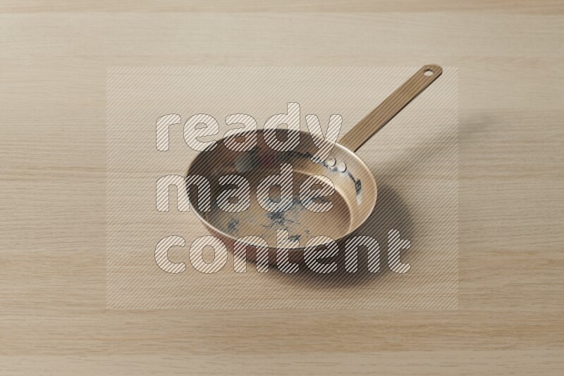 A small copper pan on light wooden background