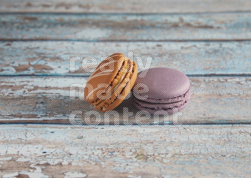 45º Shot of of two assorted Brown Irish Cream, and Purple Blueberry macarons  on light blue background