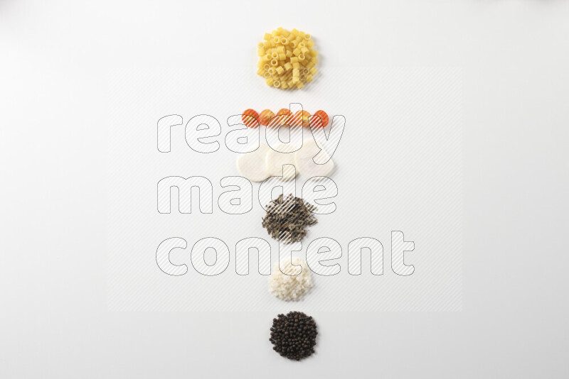 Red sauce pasta recipes ingredients on white background