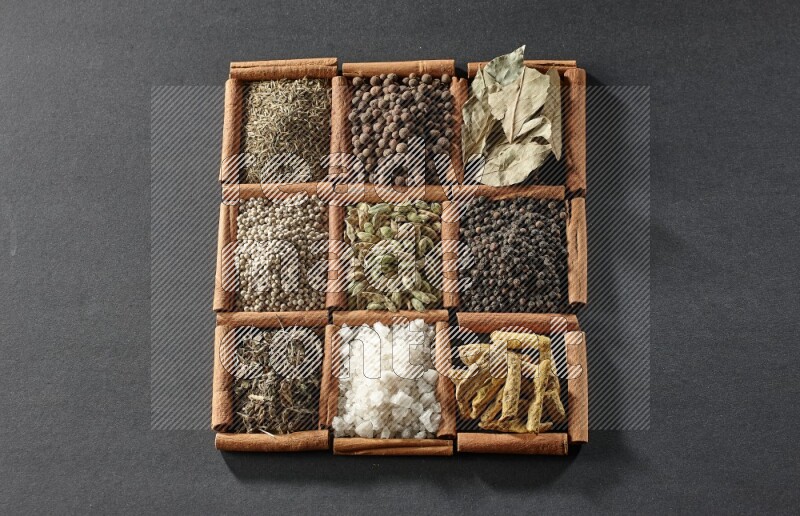 9 squares of cinnamon sticks full of cardamom in the middle surrounded by turmeric, black peppers, bay laurel, allspice, cumin, white peppers, basil and salt on black flooring