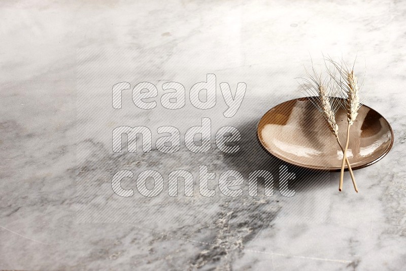 Wheat stalks on Multicolored Pottery Plate on grey marble flooring, 45 degree angle