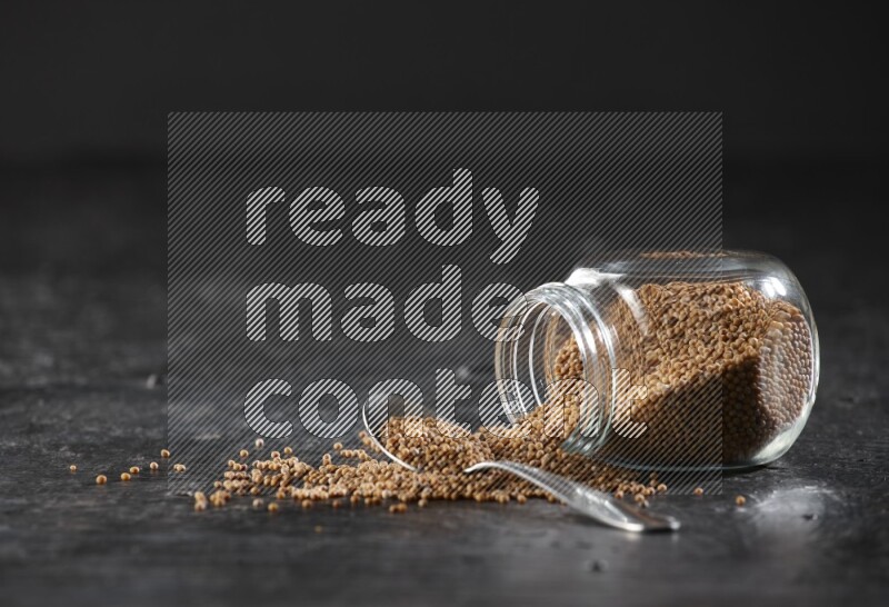 A glass spice jar and a metal spoon full of mustard seeds and jar is flipped with fallen seeds on a textured black flooring