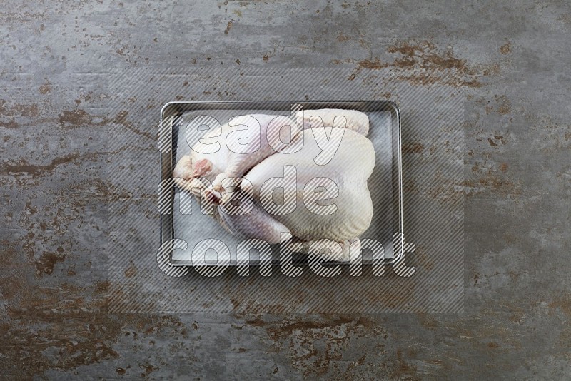 whole Raw chicken on a small oven trey direct on a rustic grey background